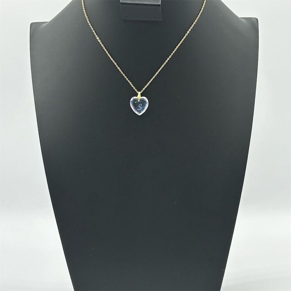Vintage Iridescent Heart Necklace with Letter S Gold Toned Chain